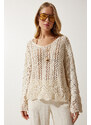 Happiness İstanbul Women's Cream Openwork Seasonal Knitwear Sweater