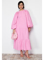 Trendyol Pink Balloon Sleeve Skirt Layered Cotton Woven Dress