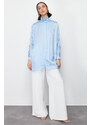 Trendyol Blue Silvery Striped Sleeve Gathered Woven Shirt