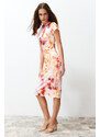 Trendyol Multi Color Printed Fitted/Sleeping Short Sleeve High Neck Flexible Knitted Midi Dress