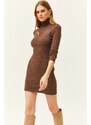 Olalook Women's Brown Full Turtleneck Thick Ribbed Mini Dress