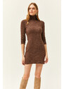 Olalook Women's Brown Full Turtleneck Thick Ribbed Mini Dress