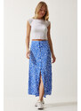 Happiness İstanbul Women's Blue Patterned Slit Viscose Skirt