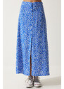 Happiness İstanbul Women's Blue Patterned Slit Viscose Skirt