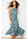 Trendyol Green Printed Skater/Water Open Halter Neck Ribbed Elastic Knitted Maxi Dress