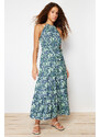 Trendyol Green Printed Skater/Water Open Halter Neck Ribbed Elastic Knitted Maxi Dress