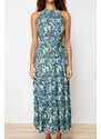 Trendyol Green Printed Skater/Water Open Halter Neck Ribbed Elastic Knitted Maxi Dress