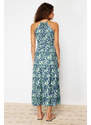 Trendyol Green Printed Skater/Water Open Halter Neck Ribbed Elastic Knitted Maxi Dress