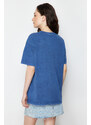 Trendyol Indigo 100% Cotton Printed and Faded Effect Oversize/Comfortable Fit Knitted T-Shirt