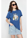 Trendyol Indigo 100% Cotton Printed and Faded Effect Oversize/Comfortable Fit Knitted T-Shirt