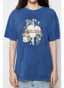 Trendyol Indigo 100% Cotton Printed and Faded Effect Oversize/Comfortable Fit Knitted T-Shirt
