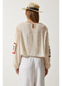 Happiness İstanbul Women's Cream Embroidered Woven Blouse