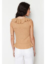 Trendyol Mink Flounced Textured Regular/Regular Fit V-Neck Stretch Knitted Blouse