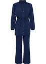 Trendyol Navy Blue Crinkle Shirt Trousers Woven Bottom Top Set