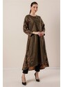 By Saygı Short Front, Long Back Patterned Oversize Sanded Suede Dress Khaki