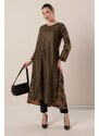 By Saygı Short Front, Long Back Patterned Oversize Sanded Suede Dress Khaki