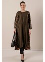 By Saygı Short Front, Long Back Patterned Oversize Sanded Suede Dress Khaki