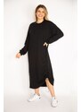 Şans Women's Plus Size Black Gathered Detailed Sweatshirt Dress