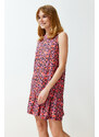 Trendyol Red Floral Printed Zero Sleeve Flounce Shift/Plain Ribbed Flexible Knitted Mini Dress