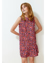 Trendyol Red Floral Printed Zero Sleeve Flounce Shift/Plain Ribbed Flexible Knitted Mini Dress