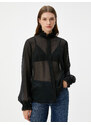 Koton Transparent Shirt Balloon Sleeves Ruffled Stand Collar