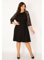 Şans Women's Plus Size Black Dress With Lace Belted Sleeves