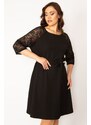 Şans Women's Plus Size Black Dress With Lace Belted Sleeves