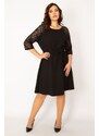 Şans Women's Plus Size Black Dress With Lace Belted Sleeves