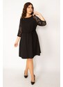 Şans Women's Plus Size Black Dress With Lace Belted Sleeves