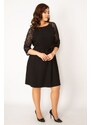 Şans Women's Plus Size Black Dress With Lace Belted Sleeves