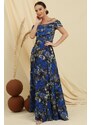 By Saygı Madonna Collar Front Draped Lined Floral Pattern Long Chiffon Dress