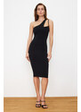 Trendyol Black One Sleeve Fitted Midi Stretchy Knitted Midi Dress