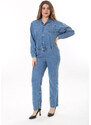 Şans Women's Plus Size Blue Front Buttoned Waist Elastic Detailed Chest And Back Pocket Denim Jumpsuit