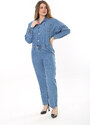 Şans Women's Plus Size Blue Front Buttoned Waist Elastic Detailed Chest And Back Pocket Denim Jumpsuit