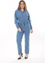 Şans Women's Plus Size Blue Front Buttoned Waist Elastic Detailed Chest And Back Pocket Denim Jumpsuit