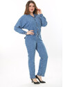 Şans Women's Plus Size Blue Front Buttoned Waist Elastic Detailed Chest And Back Pocket Denim Jumpsuit