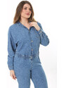 Şans Women's Plus Size Blue Front Buttoned Waist Elastic Detailed Chest And Back Pocket Denim Jumpsuit