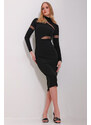 Trend Alaçatı Stili Women's Black High Neck Tulle Detailed Midi Length Dress
