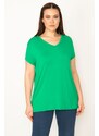 Şans Women's Plus Size Green V-Neck Short Sleeve Blouse