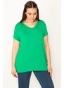 Şans Women's Plus Size Green V-Neck Short Sleeve Blouse