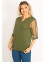 Şans Women's Plus Size Khaki Collar Detailed Sleeves Tulle Viscose Blouse