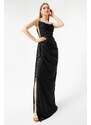 Lafaba Women's Black Bust Draped Slit Glittery Evening Dress.