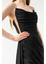 Lafaba Women's Black Bust Draped Slit Glittery Evening Dress.