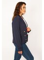 Şans Women's Plus Size Navy Blue Classic Coat with Clip-on Closure and Ornamental Metal Buttons.