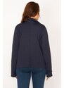 Şans Women's Plus Size Navy Blue Classic Coat with Clip-on Closure and Ornamental Metal Buttons.