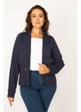 Şans Women's Plus Size Navy Blue Classic Coat with Clip-on Closure and Ornamental Metal Buttons.