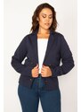 Şans Women's Plus Size Navy Blue Classic Coat with Clip-on Closure and Ornamental Metal Buttons.