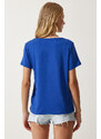 Happiness İstanbul Women's Blue V Neck Basic Knitted T-Shirt