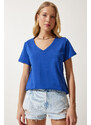 Happiness İstanbul Women's Blue V Neck Basic Knitted T-Shirt