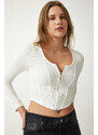 Happiness İstanbul Women's White Zipper Ribbed Crop Blouse